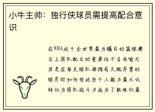 小牛主帅：独行侠球员需提高配合意识