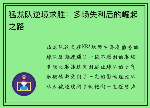 猛龙队逆境求胜：多场失利后的崛起之路